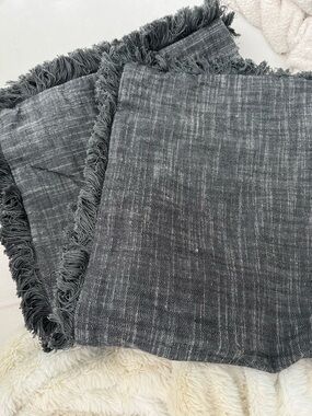 Two Threshold blue gray  Fringe Accent Pillow Covers with fringe trim. 24x24